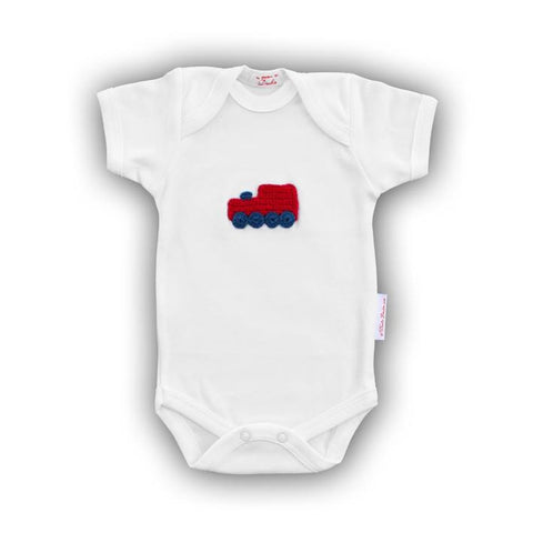 Red Train Baby Onesie with Hand-Crocheted Picture
