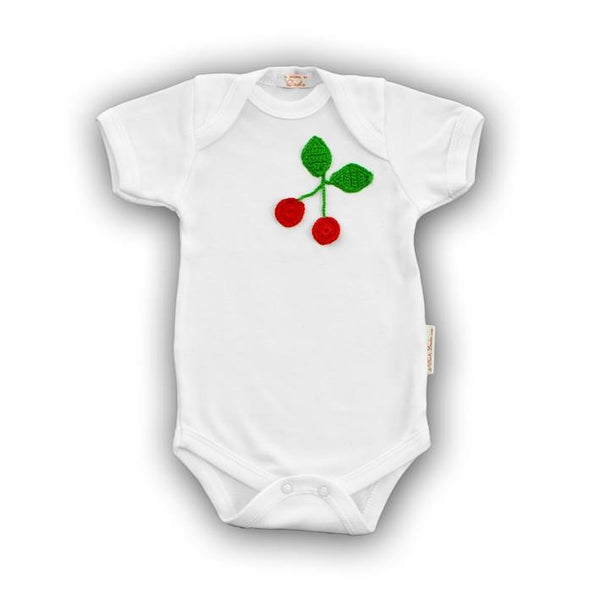 Cherry Baby Onesie with Hand-Crocheted Picture