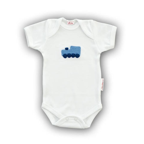 Blue Train Baby Onesie with Hand-Crocheted Picture
