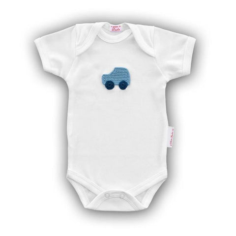 Blue Car Baby Onesie with Hand-Crocheted Picture