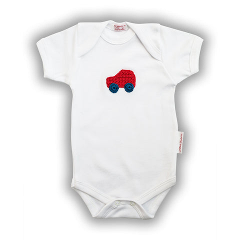Red Car Baby Onesie with Hand-Crocheted Picture